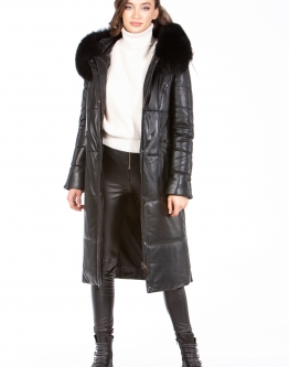 Купить Женское кожаное пальто из натуральной кожи с капюшоном, отделка песец в каталоге