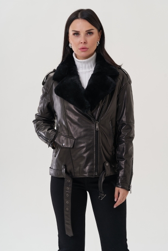 Миниатюра фотографии Утепленная куртка из натуральной кожи черного цвета