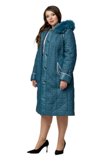 Миниатюра фотографии Женское пальто из текстиля с капюшоном, отделка песец