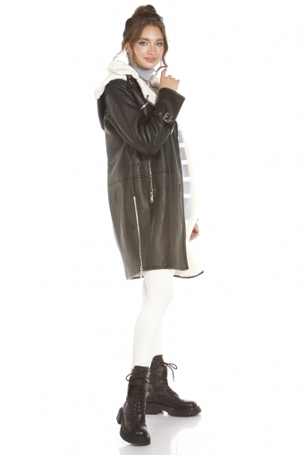 Миниатюра фотографии Женская кожаная куртка из эко-кожи с воротником, отделка искусственный мех