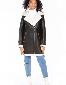 Купить Женское кожаное пальто из эко-кожи с капюшоном, отделка искусственный мех в каталоге