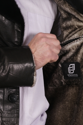 Миниатюра фотографии Мужская кожаная куртка из натуральной кожи на меху с воротником, отделка норка