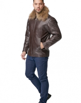 Купить Мужская кожаная куртка из натуральной кожи с воротником, отделка енот в каталоге