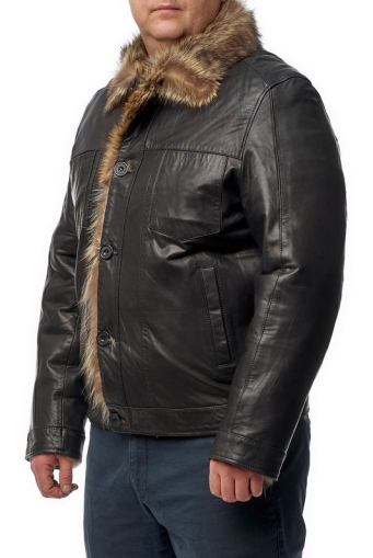 Миниатюра фотографии Мужская кожаная куртка из натуральной кожи на меху с воротником, отделка енот