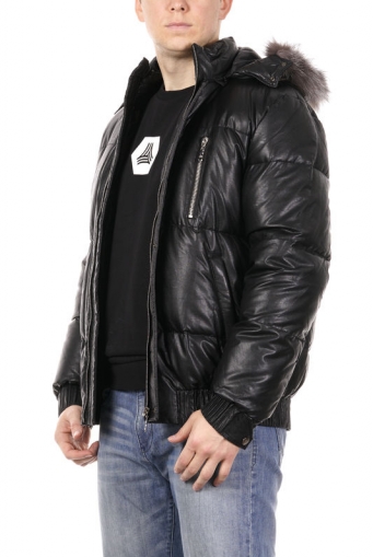 Миниатюра фотографии Мужская кожаная куртка из эко-кожи с капюшоном, отделка блюфрост