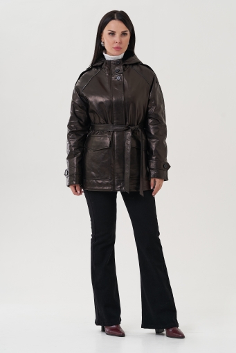 Миниатюра фотографии Куртка из натуральной кожи черного цвета с поясом