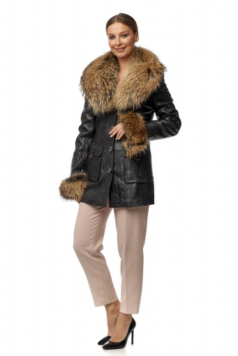 Миниатюра фотографии Женская кожаная куртка из натуральной кожи с воротником, отделка енот