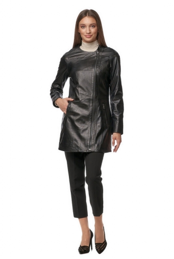 Миниатюра фотографии Женское кожаное пальто из натуральной кожи без воротника