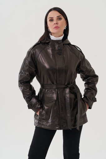 Миниатюра фотографии Куртка из натуральной кожи черного цвета с поясом