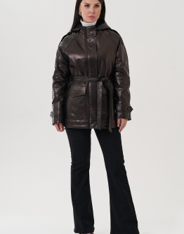 Купить Куртка из натуральной кожи черного цвета с поясом в каталоге