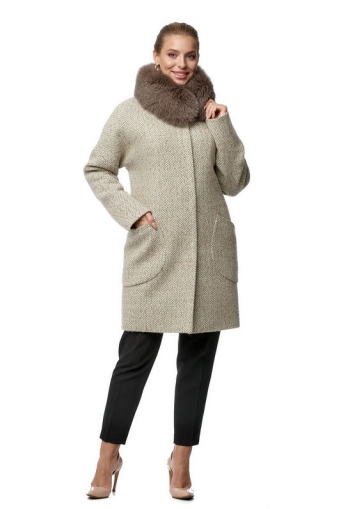 Миниатюра фотографии Женское пальто из текстиля с воротником, отделка песец