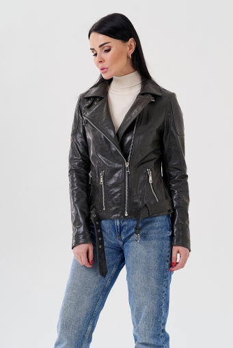 Миниатюра фотографии Женская куртка - косуха из натуральной кожи серого цвета 