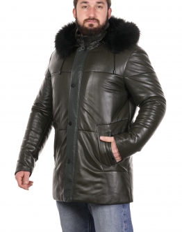 Купить Мужская кожаная куртка из натуральной кожи на меху с капюшоном, отделка енот в каталоге