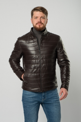 Миниатюра фотографии Мужская  утепленная куртка из натуральной кожи коричневого цвета