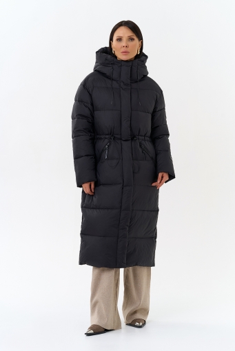 Миниатюра фотографии Женский пуховик черного цвета с капюшоном