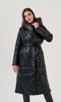 Миниатюра фотографии Черный длинный пуховик из эко кожи