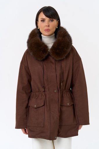 Миниатюра фотографии Женская парка из эко замши с капюшоном из эко меха