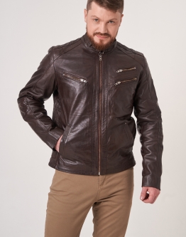 Купить Кожаная коричневая куртка на молнии со стойкой в каталоге