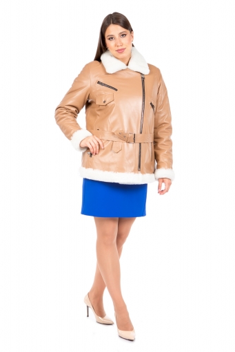 Миниатюра фотографии Женская кожаная куртка из натуральной кожи с воротником, отделка овчина