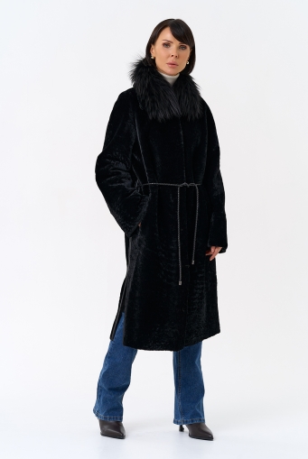 Миниатюра фотографии Женская двухстороняя дубленка с воротником из меха чернобурой лисы