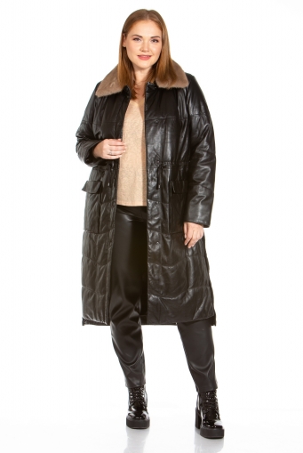 Миниатюра фотографии Женское кожаное пальто из натуральной кожи с воротником, отделка норка
