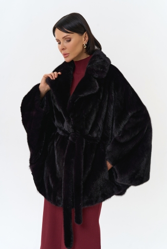 Миниатюра фотографии Шуба из меха норки с английским воротником в цвете баклажан