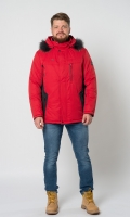 Миниатюра фотографии Куртка красного цвета на молнии с капюшоном, отделка енот