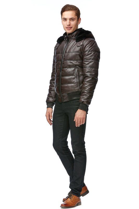 Миниатюра фотографии Мужская кожаная куртка из натуральной кожи с капюшоном, отделка овчина
