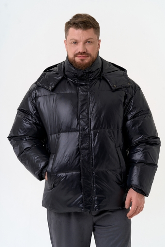 Миниатюра фотографии Мужской пуховик черного цвета с капюшоном