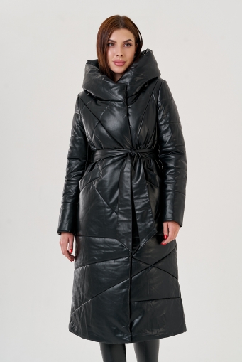 Миниатюра фотографии Черный длинный пуховик из эко кожи