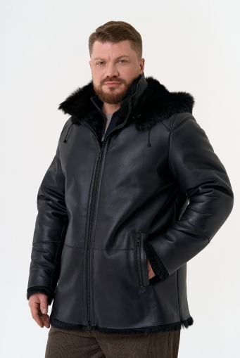 Миниатюра фотографии Мужская дубленка черного цвета с капюшоном