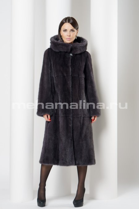 Купить Шуба из норки классическая с капюшоном цвет графит в каталоге