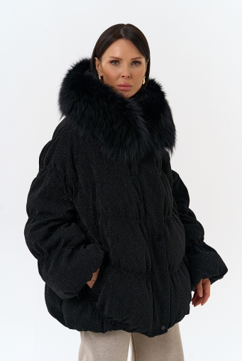 Миниатюра фотографии Женский блестящий пуховик с отделкой из меха чернобурки