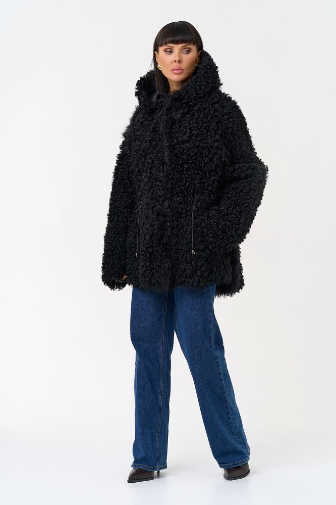 Миниатюра фотографии Женская двухсторонняя дубленка с капюшоном