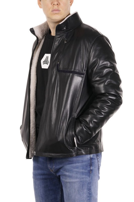Миниатюра фотографии Мужская кожаная куртка из натуральной кожи с воротником, отделка овчина