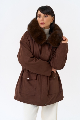 Миниатюра фотографии Женская парка из эко замши с капюшоном из эко меха
