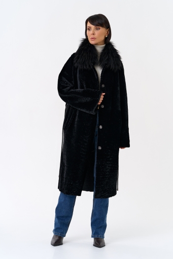 Миниатюра фотографии Женская двухстороняя дубленка с воротником из меха чернобурой лисы