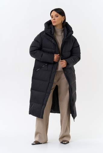 Миниатюра фотографии Женский пуховик черного цвета с капюшоном