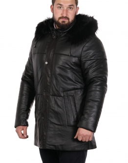 Купить Мужская кожаная куртка из натуральной кожи на меху с капюшоном, отделка енот в каталоге
