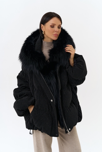 Миниатюра фотографии Женский блестящий пуховик с отделкой из меха чернобурки