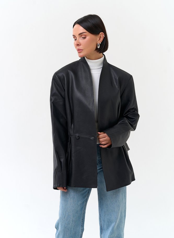 Миниатюра фотографии Двубортный жакет из натуральной кожи