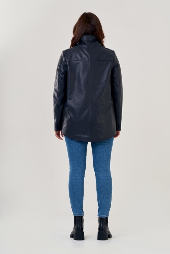 Миниатюра фотографии Кожаная куртка на молнии, темно-синего цвета 