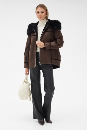 Миниатюра фотографии Женская дубленка из эко кожи с капюшоном