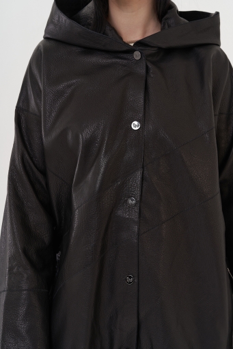 Миниатюра фотографии Удлиненная куртка из натуральной кожи с капюшоном