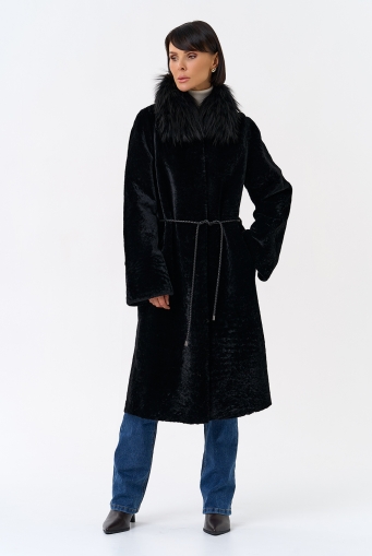 Миниатюра фотографии Женская двухстороняя дубленка с воротником из меха чернобурой лисы