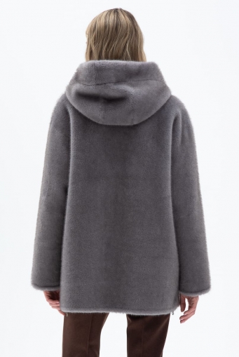 Миниатюра фотографии Женская двухсторонняя дубленка из эко кожи с капюшоном