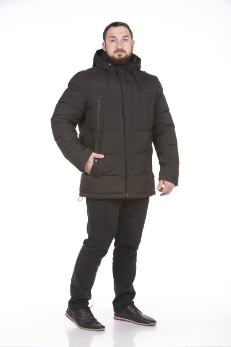 Купить Пуховик мужской из текстиля с капюшоном, отделка искусственный мех в каталоге