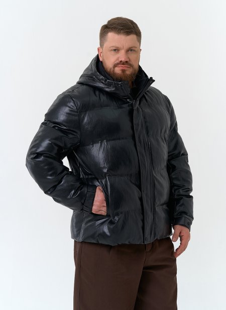 Купить Мужской пуховик из эко кожи с капюшоном в каталоге
