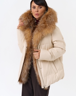 Купить Женский пуховик из эко кожи с отделкой из натуральной лисы в каталоге Зимние пуховики