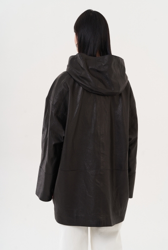 Миниатюра фотографии Удлиненная куртка из натуральной кожи с капюшоном